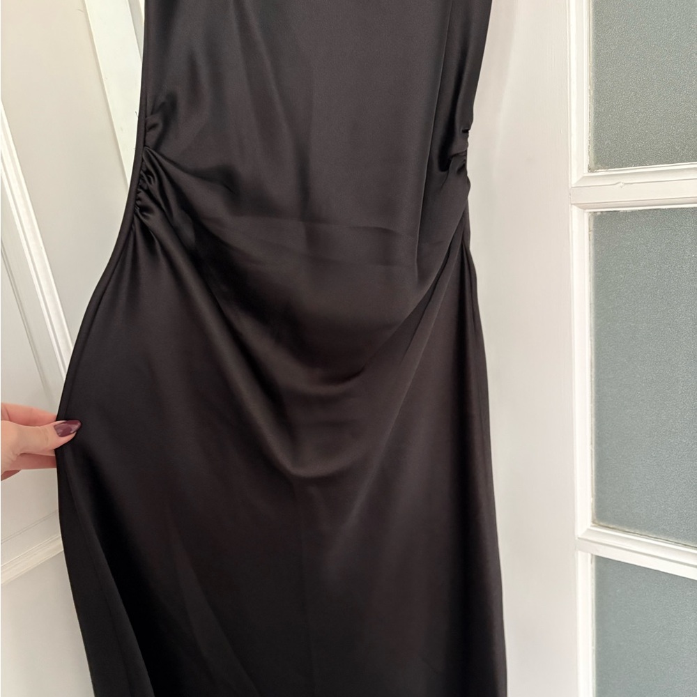 Zara Black Stretch Satin Ruched Fitted Maxi Cocktail Dress – Size XS - Picture 5 of 8